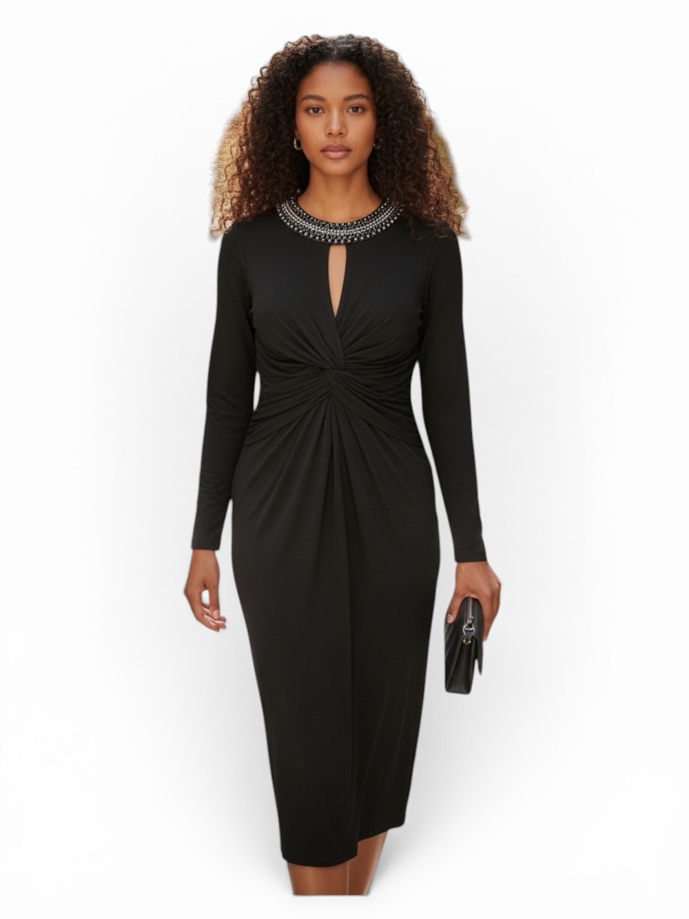 VENUS Black Ruched Bodycon Midi Dress Beaded Neckline Size Medium